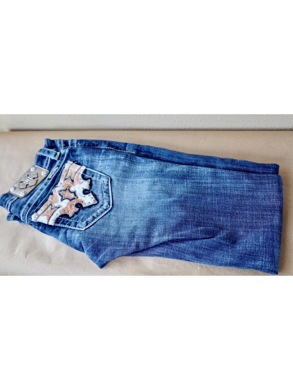 Miss Me Jeans Signature Boot Womens Sz 27 Beaded Cow Fur Back Stretch